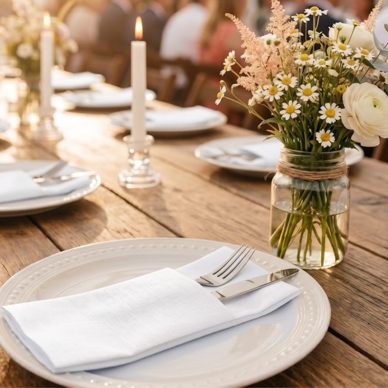 Dining table set with plates, napkins, and flowers on a wooden surface.
