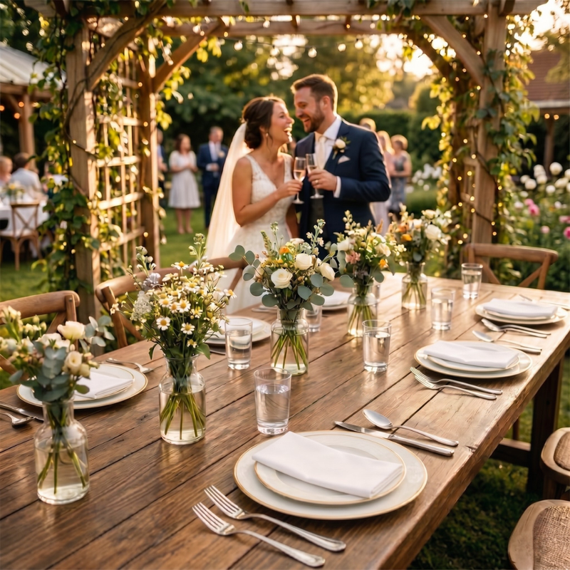 Wedding couple at a decorated outdoor table with floral arrangements, white napkins, and guests in the background.