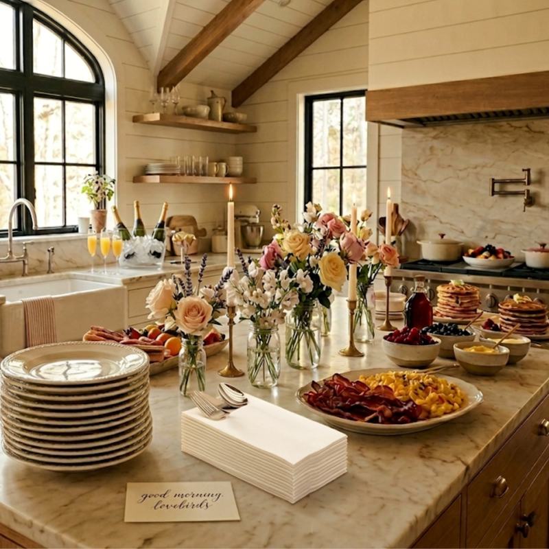 Decorative breakfast setup on a kitchen counter with flowers, plates, and food.
