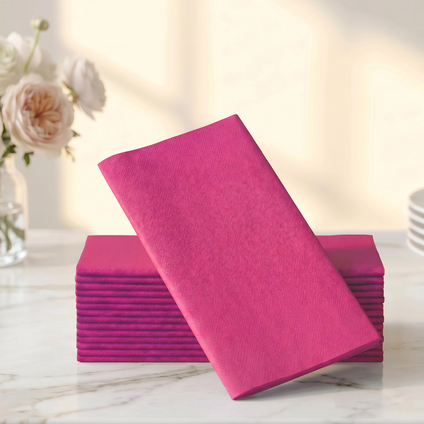 Stack of pink napkins on a marble surface with a blurred floral background