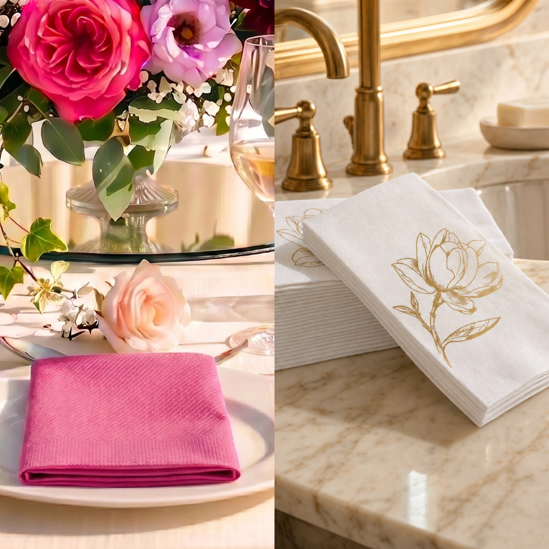 Fuchsia napkin on dinner plate and Napkins with floral designs on a marble countertop and table setting.