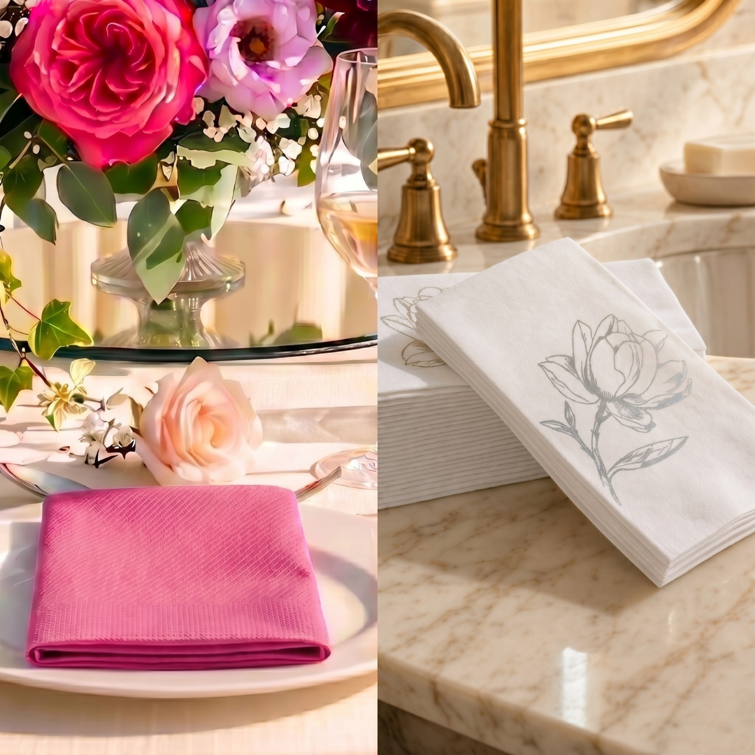 Fuchsia napkin on dinner plate, and Bathroom scene with floral arrangement, sink, and decorative towels.