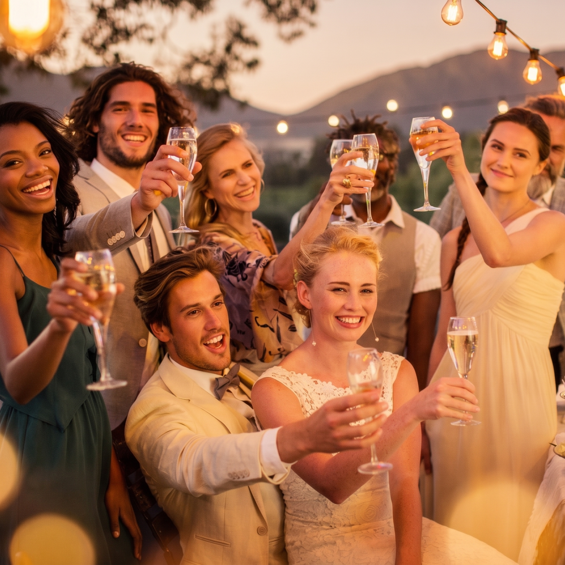 Group of people celebrating with champagne glasses outdoors.