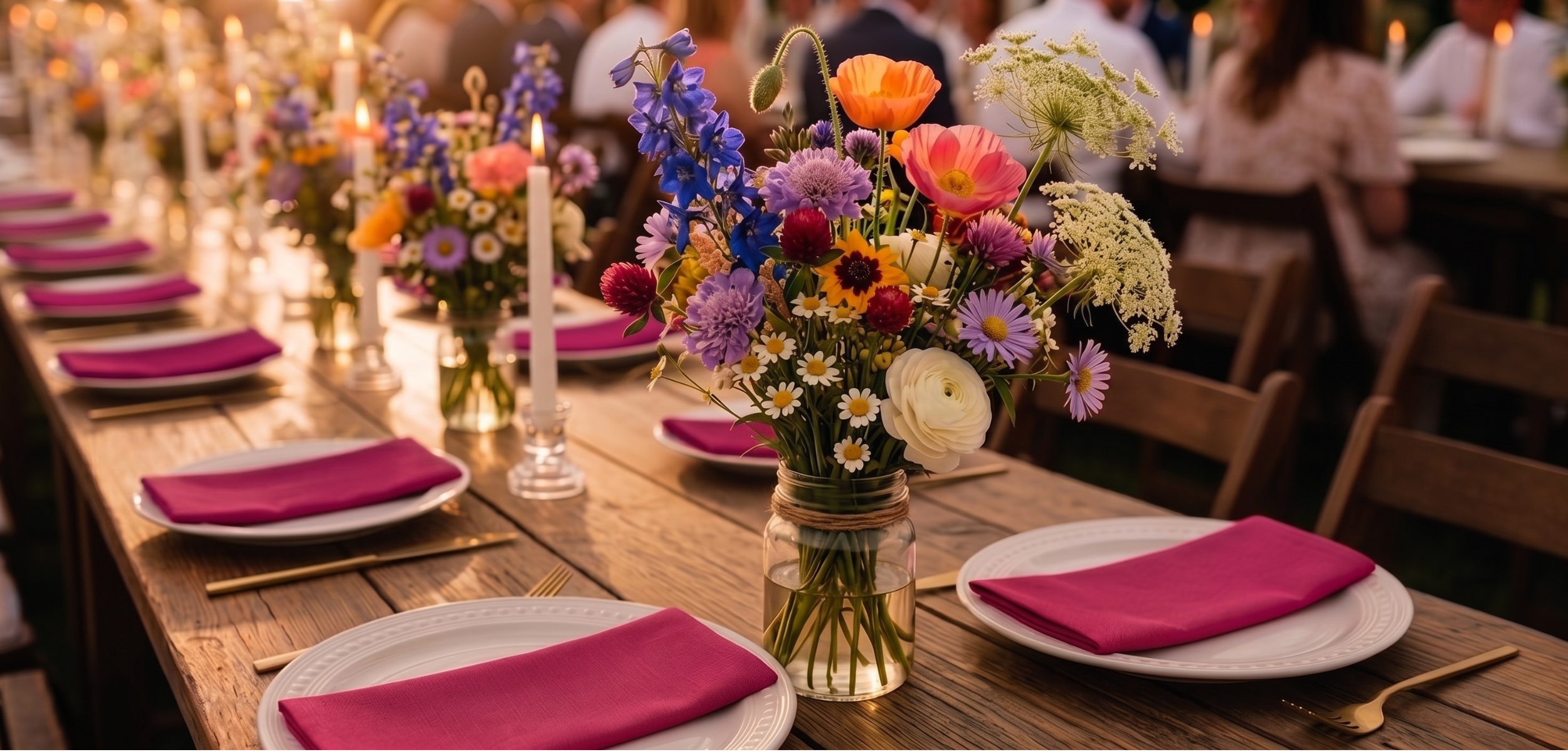 Decorative table setting with flowers and pink napkins at a formal event.