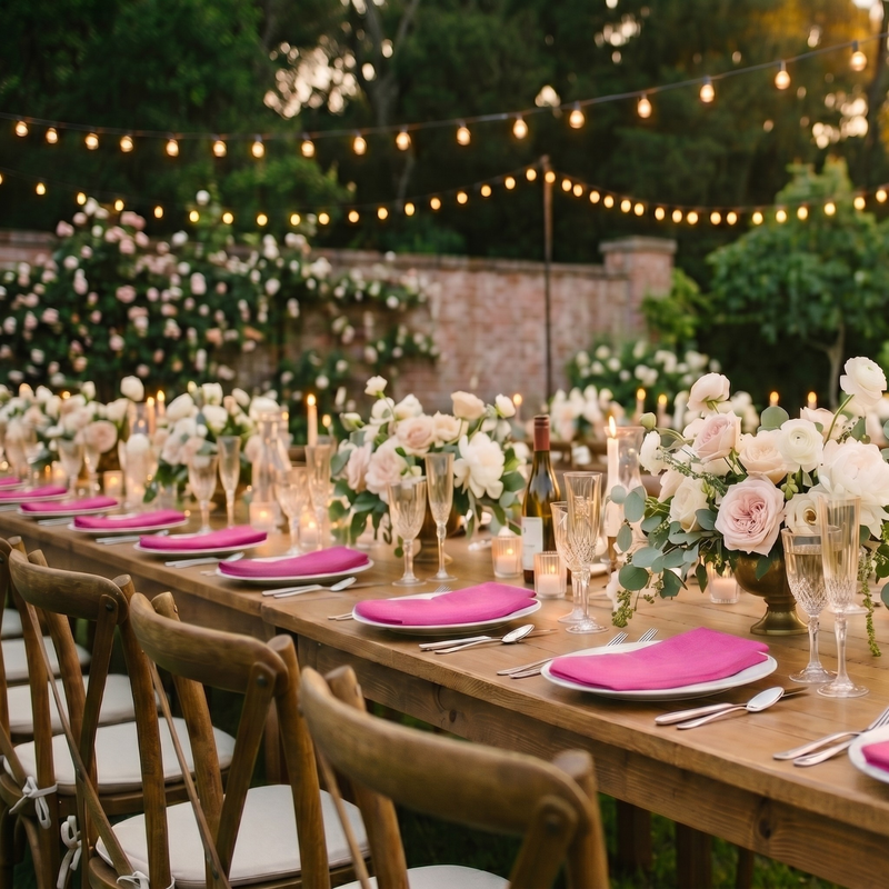 Outdoor wedding reception table set with pink napkins, floral arrangements, and string lights.
