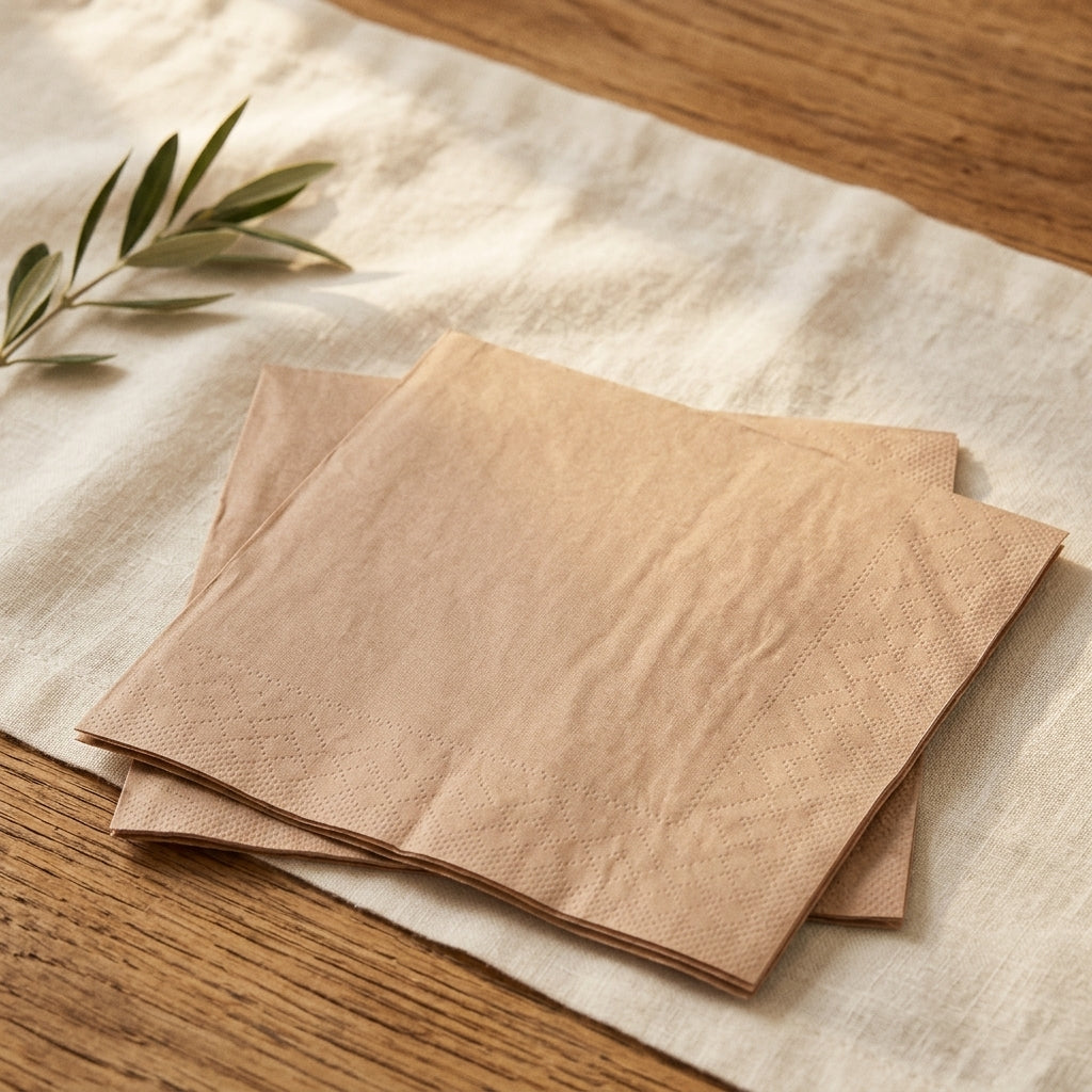 Champagne gold paper napkins on a wooden table with a white cloth background
