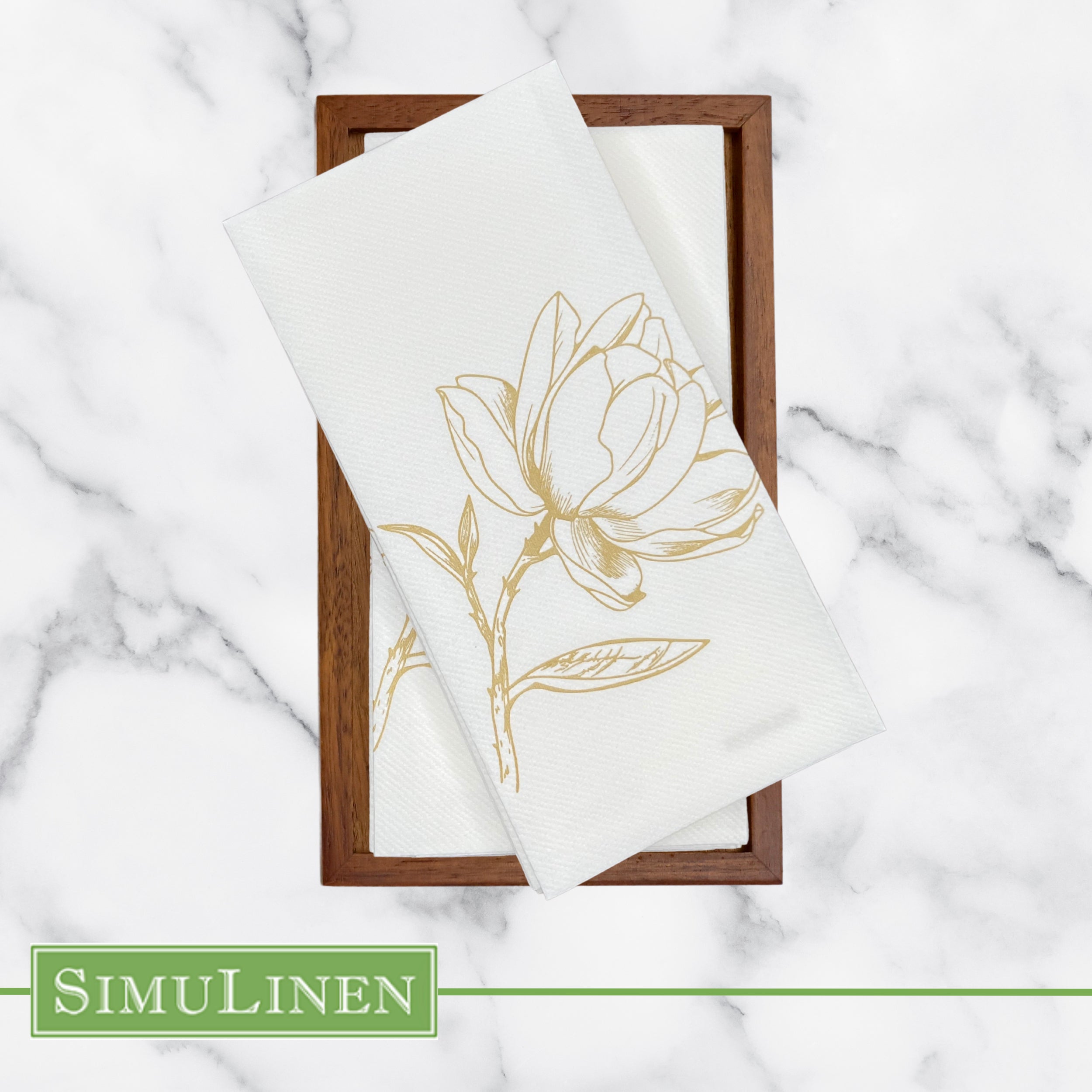 Gold magnolia SimuLinen guest hand towel in wooden towel holder