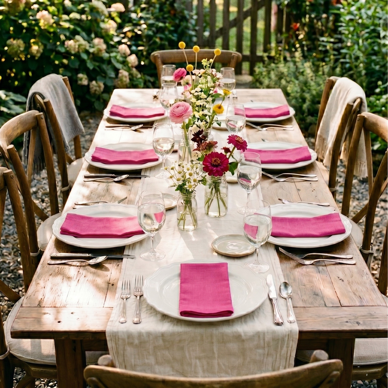 Dining table set for a meal with pink napkins, flowers, and glasses outdoors.