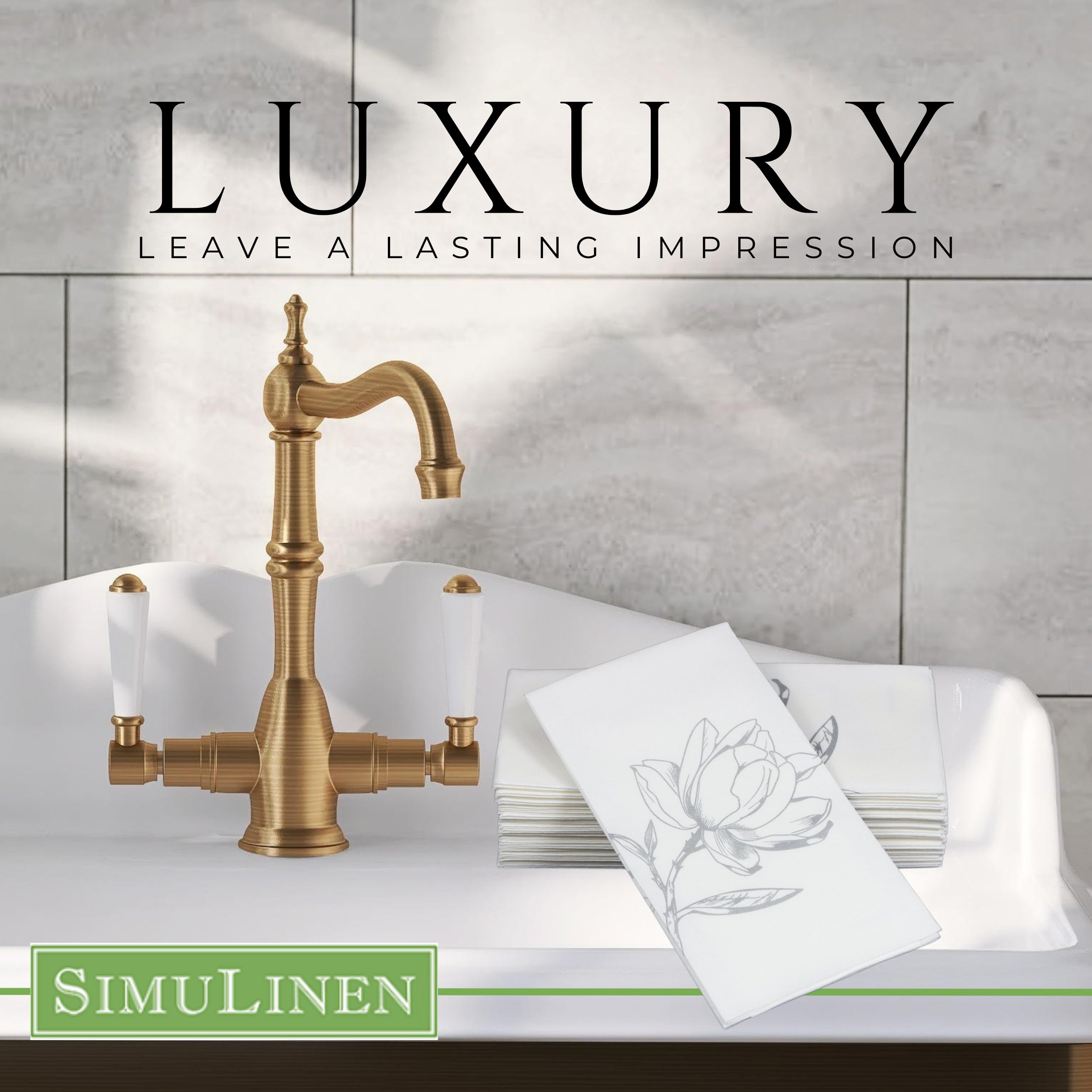Silver magnolia SimuLinen guest hand towels with bathroom sink background