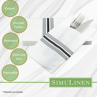 17″X17″ SimuLinen Premium Cloth-like Dinner Napkin with BLACK BISTRO STRIPE & Discreet Pocket