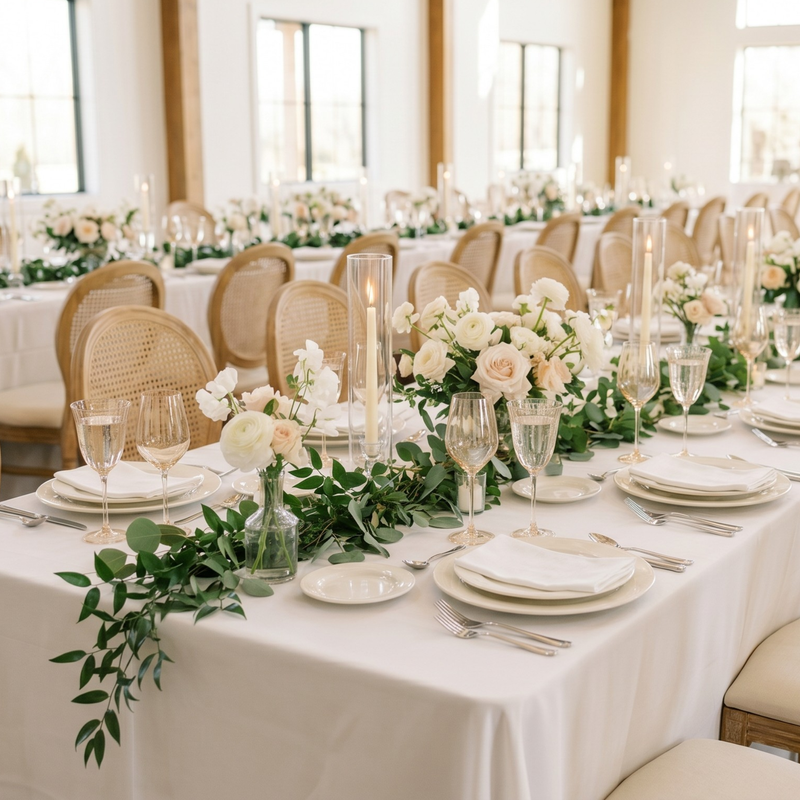 Elegant wedding reception table setup with white tablecloths, white napkins, floral centerpieces, and candlelit ambiance.