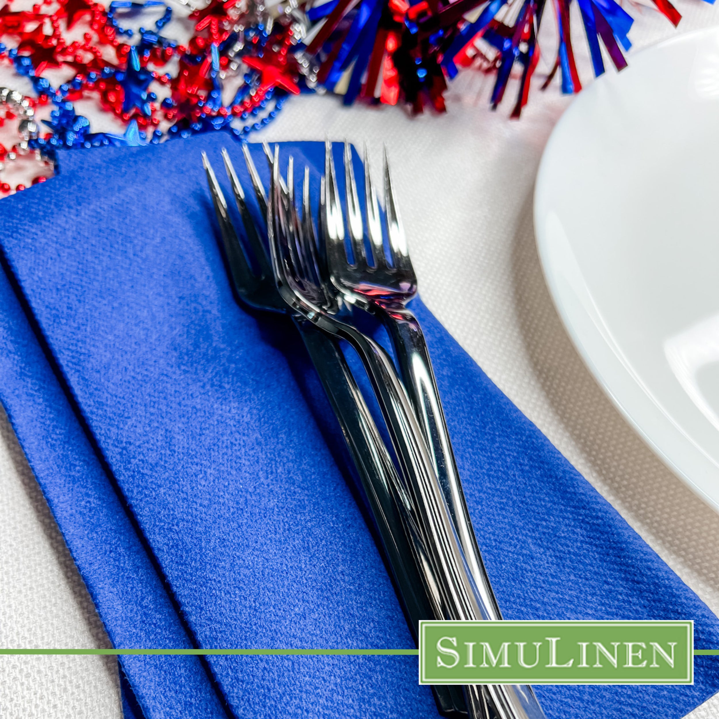 Dark blue SimuLinen dinner napkin with patriotic table setting