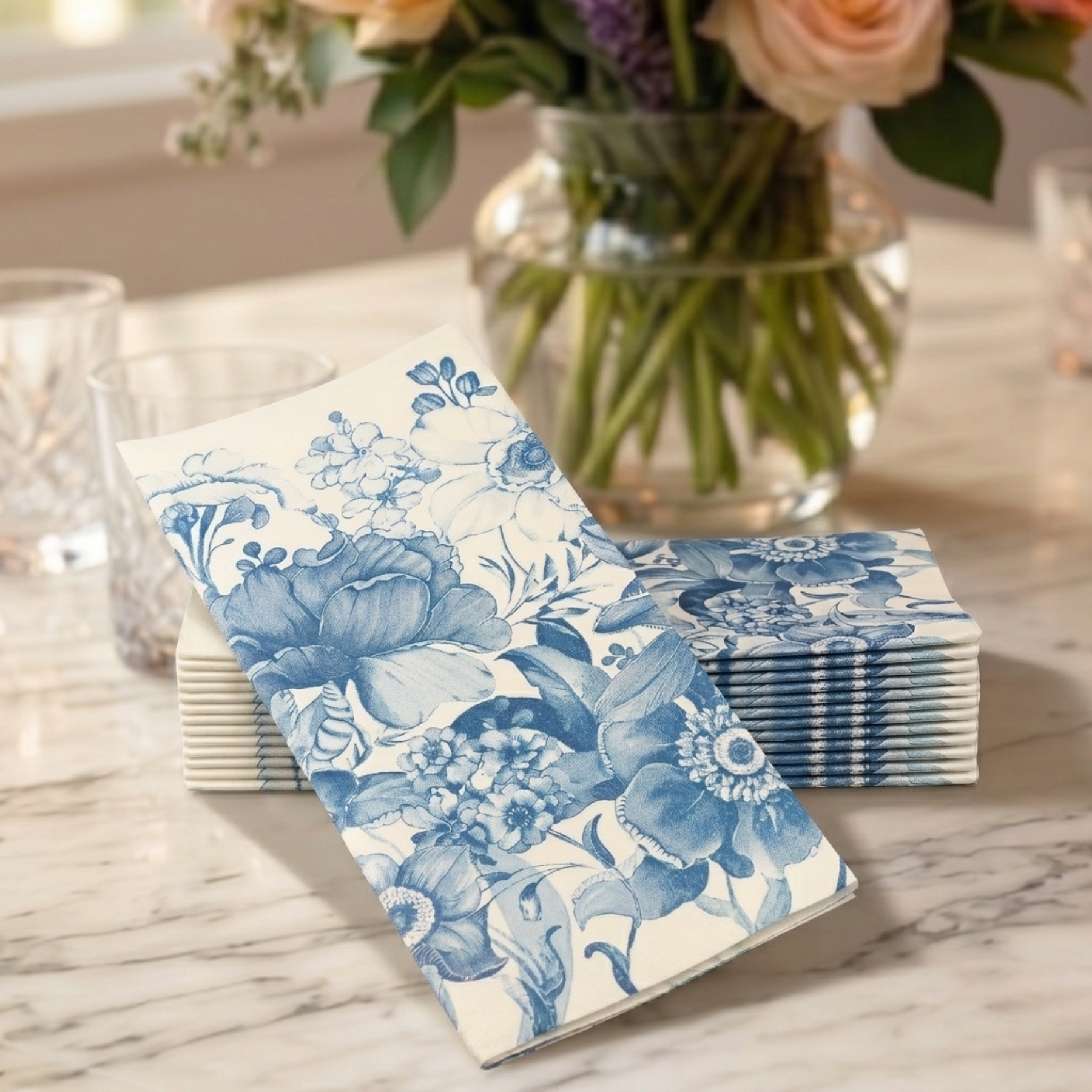 BLUE FLORAL Signature Disposable Dinner Napkins — Cloth-Like Airlaid 19x17"