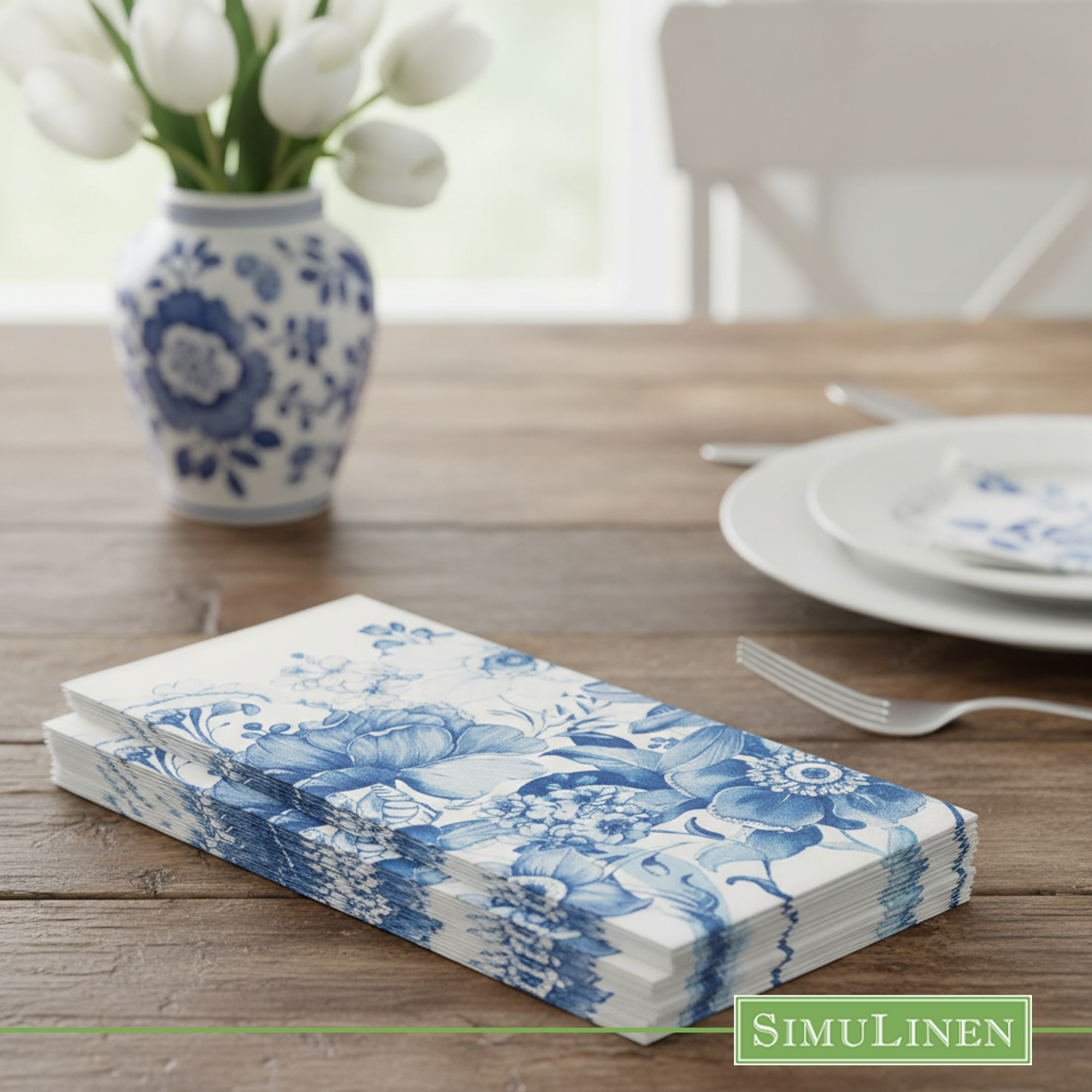 Blue floral garden SimuLinen dinner napkins 
