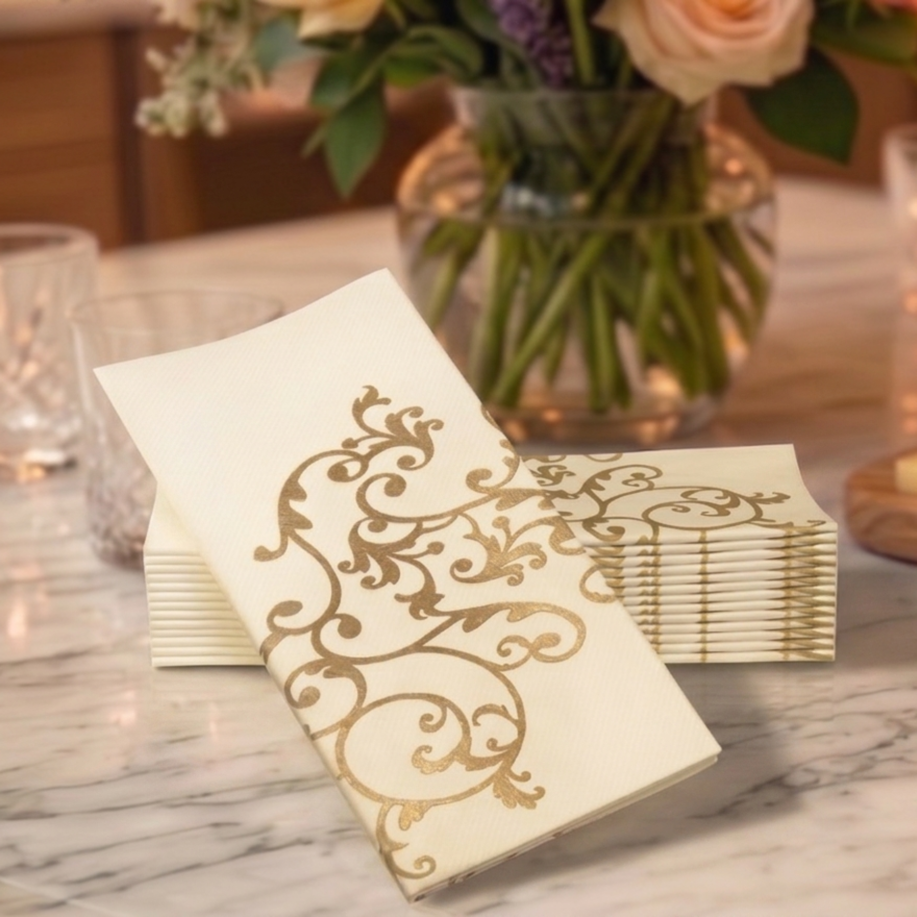 GOLD FILIGREE Signature Disposable Dinner Napkins — Cloth-Like Airlaid 19x17"