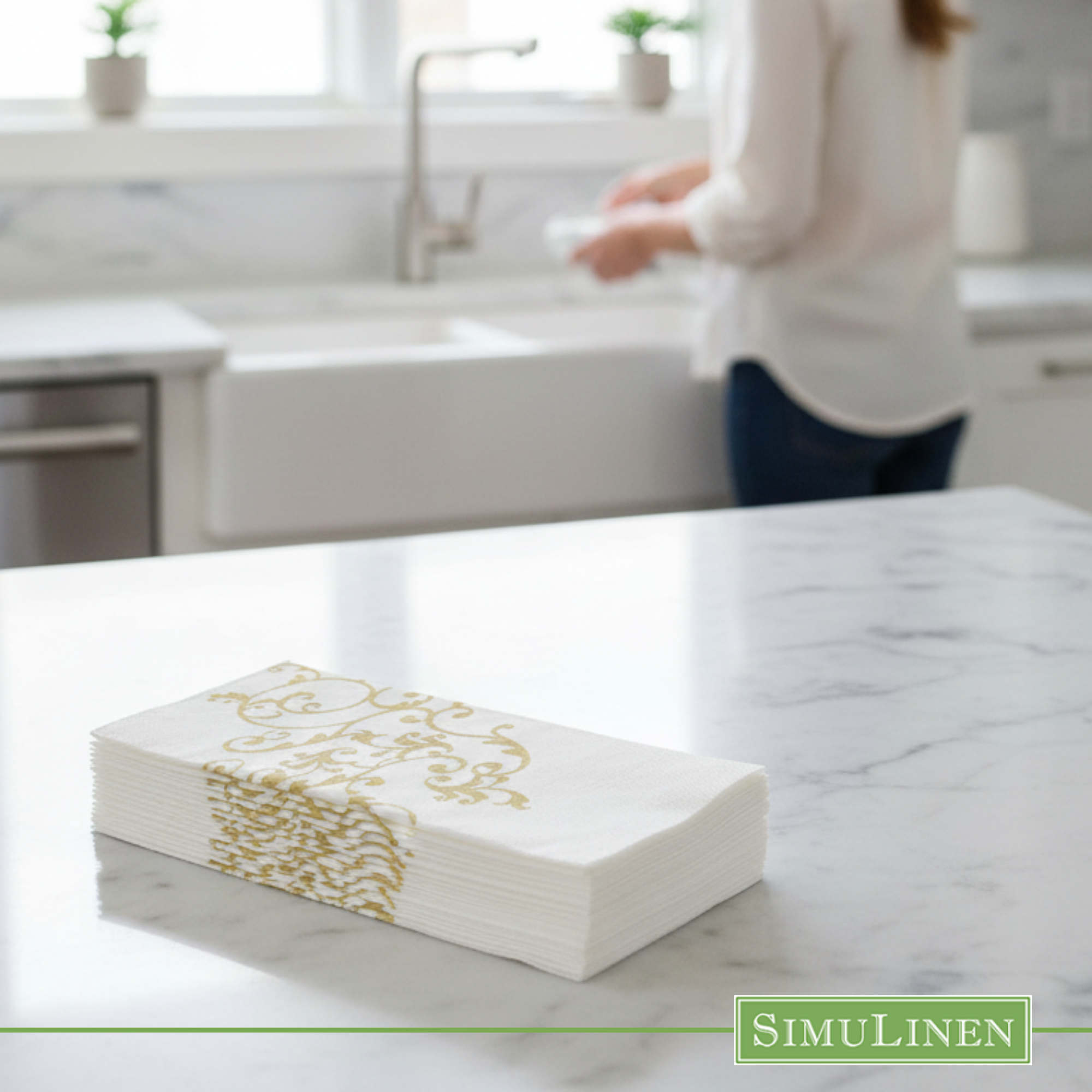 Gold floral SimuLinen dinner napkin stack on kitchen counter