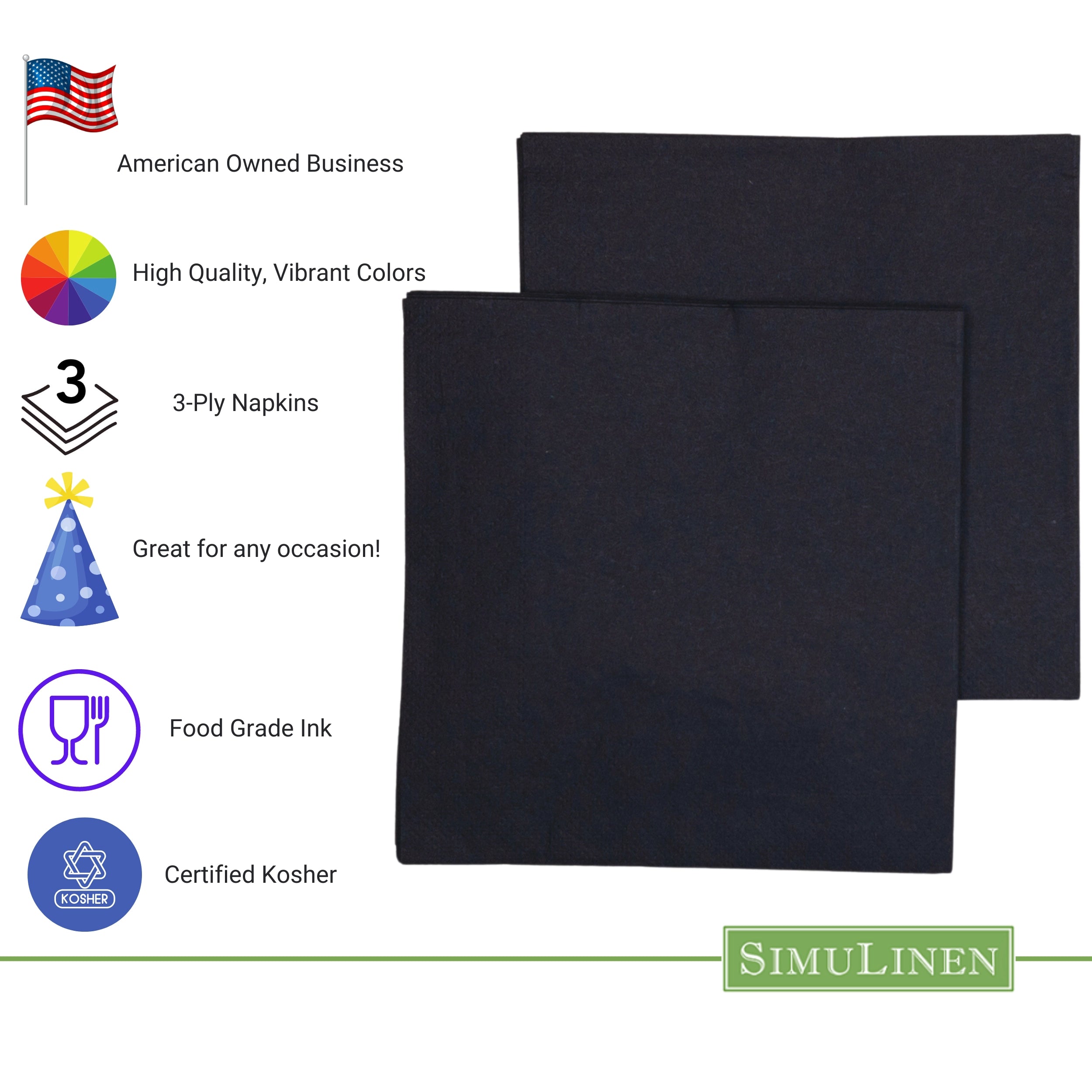 JET BLACK Simplicity Disposable Napkins — Premium 3-Ply 13x13"