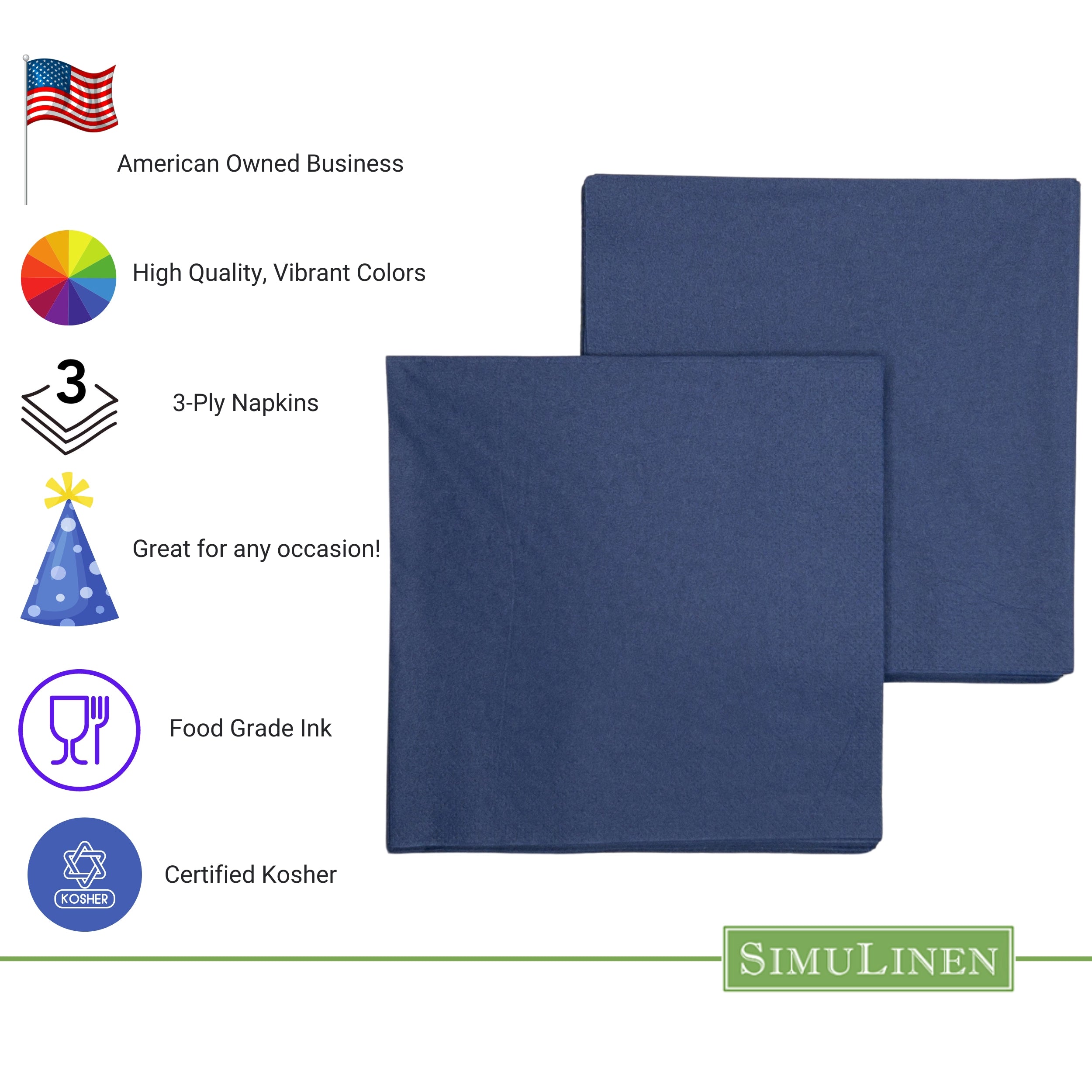DARK BLUE Simplicity Disposable Napkins — Premium 3-Ply 13x13"