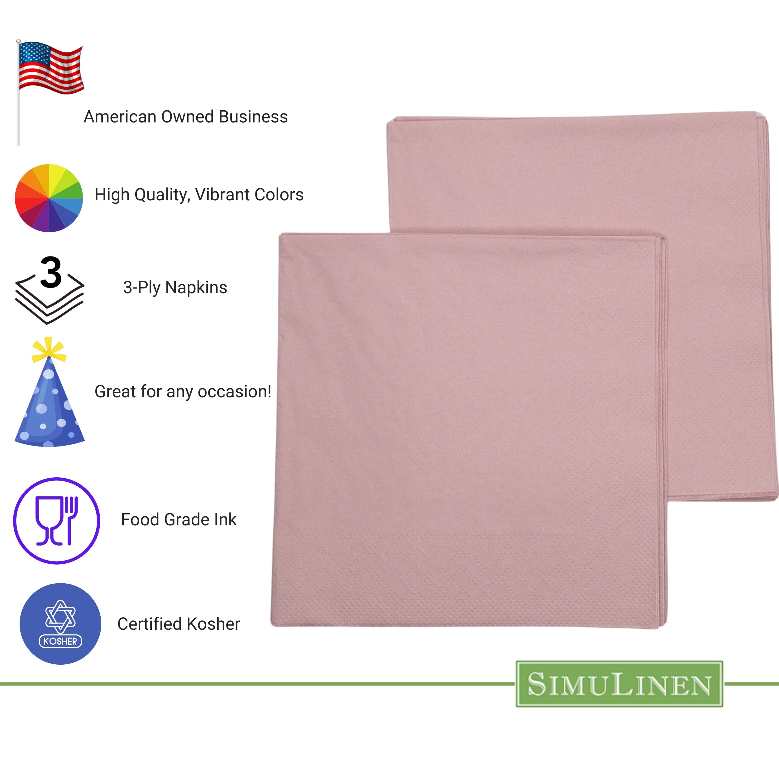 PINK / DUSTY ROSE Simplicity Disposable Napkins — Premium 3-Ply 13x13"