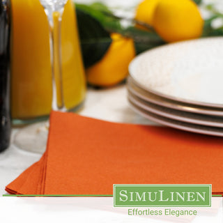 SimuLinen terracotta beverage napkins in a dinner setting.