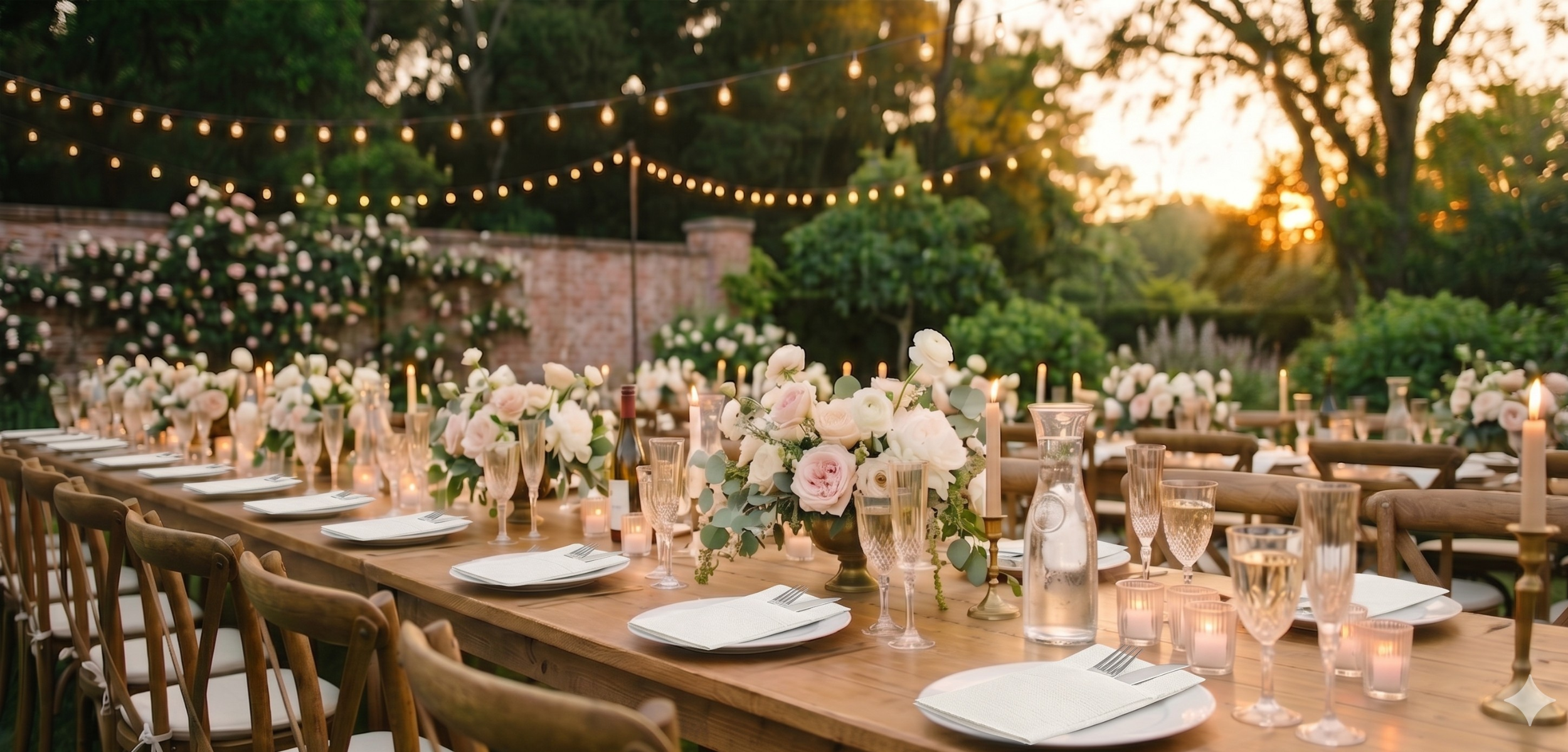 Outdoor wedding reception with long wooden tables set for dinner, string lights, and floral decorations.