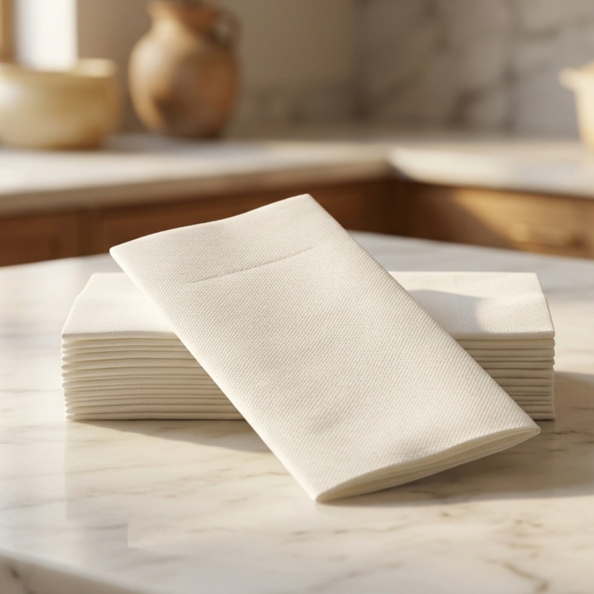 Stack of white napkins on a marble surface with a blurred background