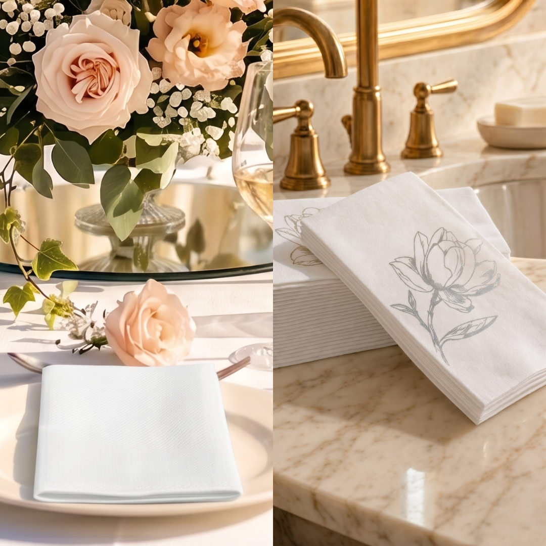 Table setting with white napkin, and Bathroom scene with flowers, sink, and decorative towel.