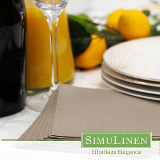 SimuLinen beige grey napkins in a dinner setting.