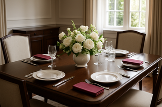 can you make it a more formal dining room, but in day light with a dark table, but the fold here is perfect and I like flowers on the table!
