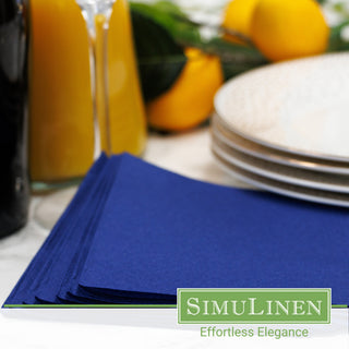 SimuLinen dark blue beverage napkins in a dinner setting.