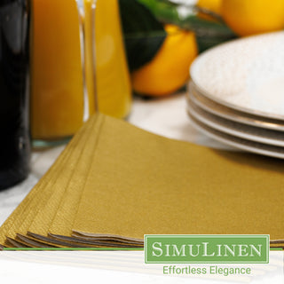 SimuLinen gold beverage napkins in a dinner setting.