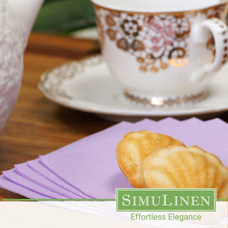 SimuLinen lavender beverage napkins with a fancy tea cup in the background.