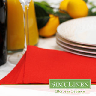 SimuLinen red cocktail napkins in a dinner setting.