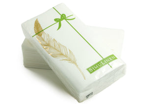 Image of Gold Feather guest towels in their shrink-wrapped packaging.